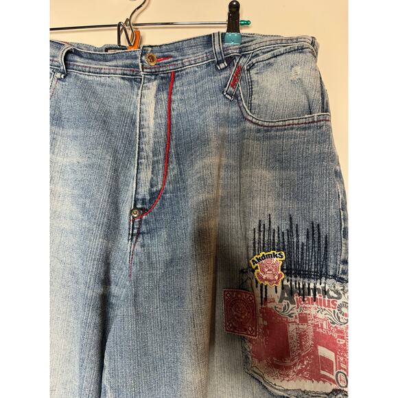 Akademiks Y2K Size 40 Baggy Light Washed Blue Denim Jeans 2000s Embroidered VTG - Picture 4 of 11